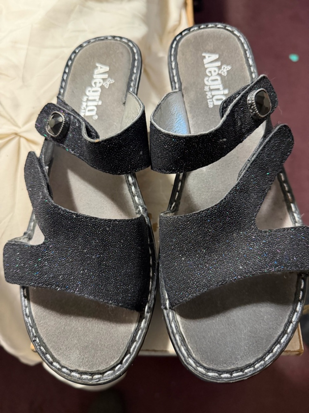 Alegria Black Glitter Adjustable Slide Sandals